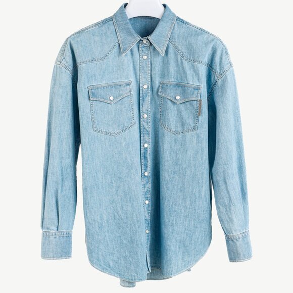 Brunello Cucinelli SS/22 Blue Monili-Trim Button-Down Long-Sleeved Denim Shirt - Picture 1 of 16